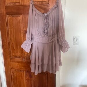 Fashion Nova Dusty Mauve Ruffle Tie-Neck Mini Dress
